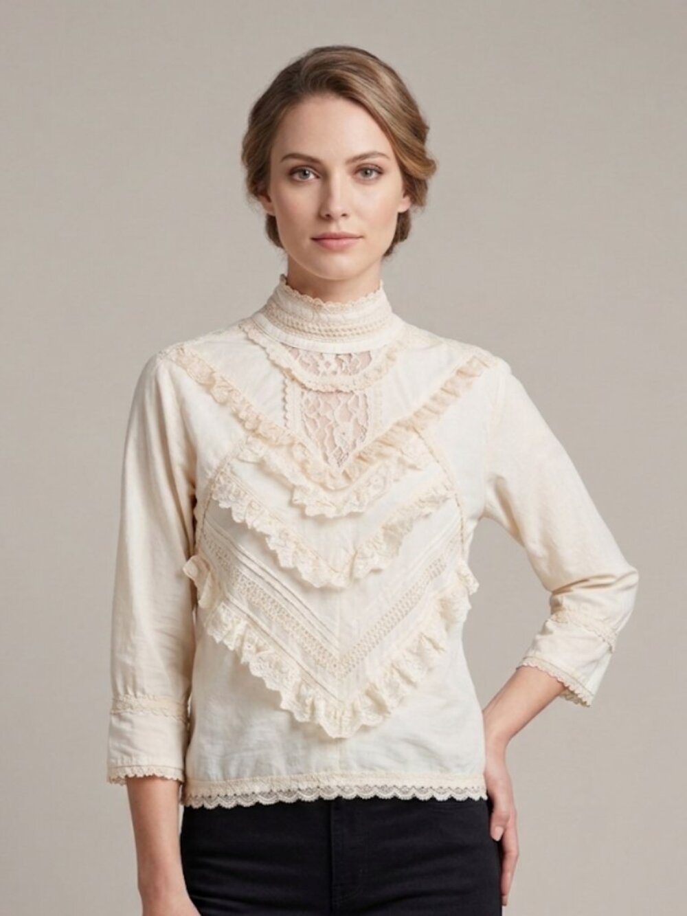 Victorian Style Ruffle Lace Hight Neck Cotton Blouse M Peach Steampunk Prairie